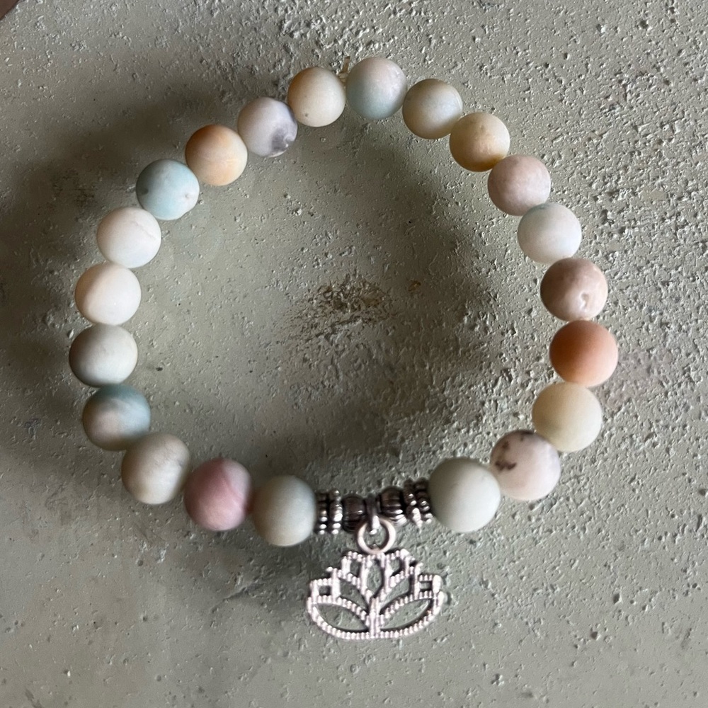 Multi colored stone beaded bracelet w/Lotus charm,stretches-fits all wrist sizes